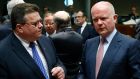 Lithuania’s foreign minister Linas Linkevicius listens to Britain’s foreign secretary William Hague (R) at the start of an European Union foreign ministers meeting in Brussels today. Photograph:  Francois Lenoir/Reuters.