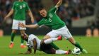 Republic of Ireland’s James McCarthy  and England’s Jermain Defoe  battle for the ball during the international friendly match at Wembley Stadium. Photograph: Nick Potts/PA Wire. 