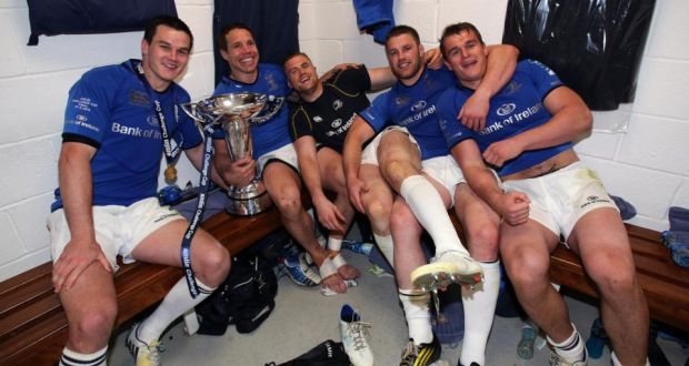 Rhys Ruddock (right) pictured with team-mates (from left) Jonathan Sexton, Isaac Boss, James Heaslip and Sean O’Brien after Leinster’s Amlin Challenge Cup Final victory. Photograph: Dan Sheridan/Inpho. 