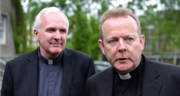 Coadjutor Archbishop of Armagh, Eamon Martin, (right) and Bishop Brendan Leahy of Limerick speaking during a press conference following the June General Meeting of the Irish Catholic Bishop’s Conference in Maynooth, Co Kildare today. Photograph: Dara Mac Dónaill/THE IRISH TIMES 