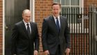 Britain’s prime minister David Cameron greets Russia’s president Vladimir Putin in Downing Street this afternoon. Photograph: Luke MacGregor/Reuters