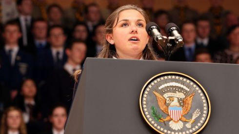Hannah Nelson (16), speaks ahead of 
President Obama's keynote address. Photograph: Paul Faith/PA Wire