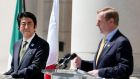 Prime Minister of Japan Shinzo Abe and Taoiseach Enda Kenny at a joint press conference at Government Buildings in Dublin today. Photograph: Julien Behal/PA Wire