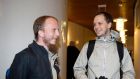 Pirate Bay co-founders Gottfrid Svartholm Warg (left) and Peter Sunde arrive for a  previous  trial at Stockholm’s city court in February  2009. Photograph: Bertil Ericson/Scanpix/Reuters