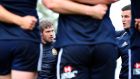 Lions Test fullback Leigh Halfpenny appears to listen intently as outhalf Jonny Sexton speaks during the captain’s run out at  Churchie School in Brisbane. Photograph: Dan Sheridan/Inpho