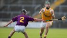 Wexford’s Eoin Moore challenges  Paul Shiels of Antrim this afternoon. Photograph: Lorraine O’Sullivan/Inpho