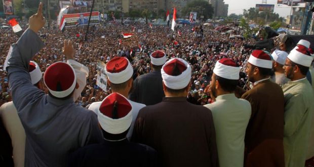 Clerics supporting deposed Egyptian president Mohamed Mursi attend a rally at the Raba El-Adwyia square where Mr Mursi’s supporters are camping in Cairo. Photograph: Reuters