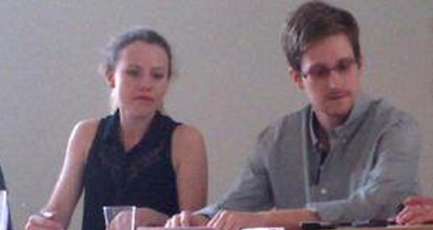  Edward Snowden attends a press conference at Moscow’s Sheremetyevo Airport with Sarah Harrison of WikiLeaks yesterday. Photograph: AP Photo/Human Rights Watch, Tanya Lokshina