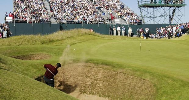 Ernie Els makes a remarkable save from a bunker on the 13th green during the final round of his British Open win at Muirfield in 2002. Photograph: Andrew Redington/Getty Images.