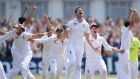 James Anderson of England celebrates the final wicket of Brad Haddin. Photograph: Gareth Copley/Getty Images