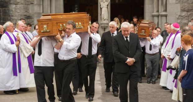  The remains of murdered brothers Tom and Jack Blaine are carried from The Church Of The Holy Rosary after funeral mass in Castlebar, Co. Mayo, by family members today. Photograph: Keith Heneghan/Phocus