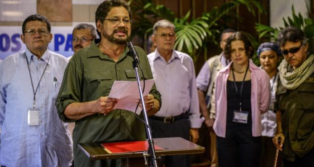 Colombian FARC-EP Commander Ivan Marquez reads a statement at the Convention Palace in Havana in June. Photograph:  Adalberto Roque/AFP/Getty Images