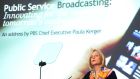 Paula Kerger, president and chief executive of PBS, addresses an RTÉ Audience Council event on the future of public service broadcasting in UCD on Monday.