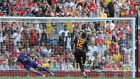 Galatasaray’s Didier Drogba scores his teams first goal of the game from the penalty spot during the Emirates Cup 2013 match at the Emirates Stadium Photograph: PA Wire.