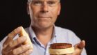 Dutch scientist Mark Post with the world’s first test-tube burger. Photograph: David Parry/PA Wire