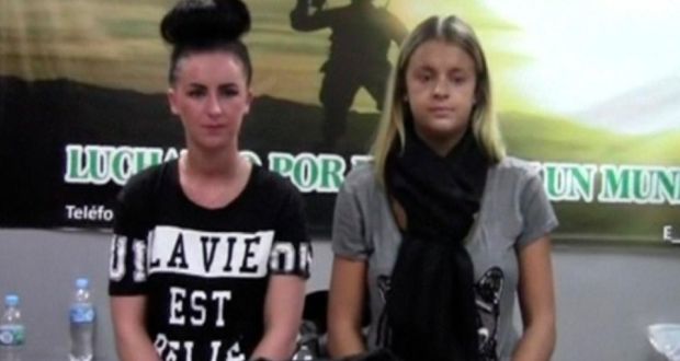 Irish woman Michaella McCollum Connolly (left)  and British woman Melissa Reid are seen being questioned by police after they were  arrested at Lima’s international airport for allegedly attempting to smuggle cocaine to Spain. Photograph: Reuters 