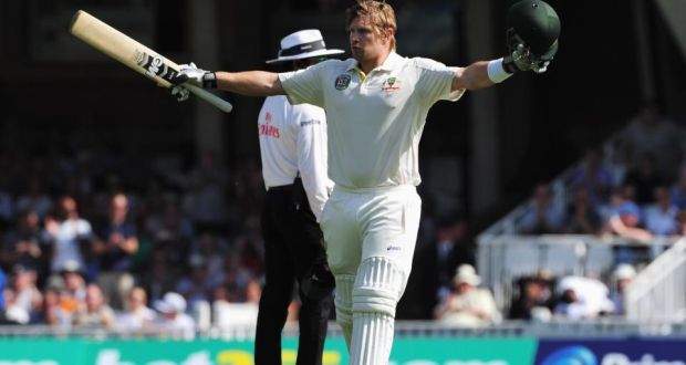 Australia’s  Shane Watson celebrates his century during day one of the fifth   Ashes Test  at The Oval. Photograph:   Shaun Botterill/Getty Images