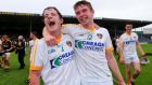 Antrim’s Tiernan Coyle and Shane Dooey celebrate victory at the final whistle in Thurles. Photograph orraine O’Sullivan/Inpho