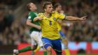  Anders Svensson of Sweden celebrates his winner at the  Aviva Stadium. Photograph: Getty Images