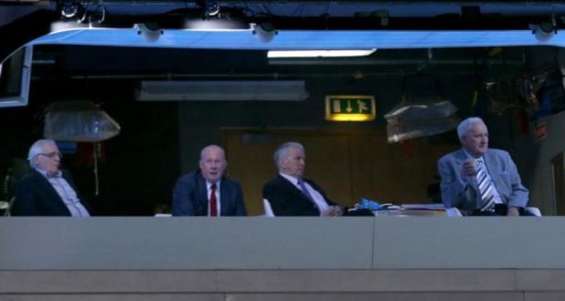 In the box: Eamon Dunphy, Liam Brady, Johnny Giles and Bill O’Herlihy watch Ireland play Austria in their studio at Ernst Happel Stadium, in Vienna. Photograph: James Crombie/Inpho