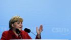 German Chancellor Angela Merkel gives a speech during a Christian Democratic Union election campaign meeting in Augsburg.
