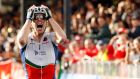 Portugal’s Rui Costa celebrates as he crosses the finish to win the men’s elite road race at the UCI Road World Championships in Florence. Photograph: Reuters.