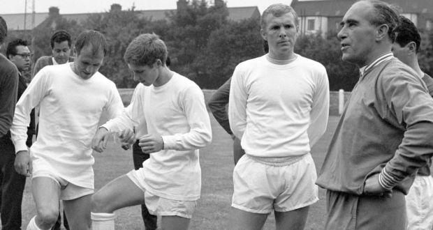 Soon to be World Cup winning England manager Alf Ramsey issues instructions as internationals Ray Wilson and Alan Ball (centre) toy with the ball while captain Bobby Moore listens attentively; The Irish Times eulogises the famous victory. photograph: pa