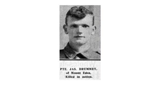 ‘My inquiry to the ministry of defence in Wellington yielded more information. Private James Drummey enlisted in the Auckland Infantry, 23rd Reinforcements, New Zealand Expeditionary Force in November 1916. He had been a second officer on the schooner Huia . . . We got a photograph of Jimmy - the only one the family has.’