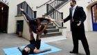 An opera singer and experts from a local yoga studio stage a  workout to mark the launch of a Reebok FitHub concept store  in  Covent Garden, London, last month.   Photograph: Bethany Clarke/Getty Images 