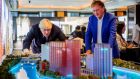 Mayor of London Boris Johnson and developer Seán Mulryan looking at a model of the proposed London development. 