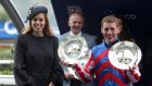 Princess Beatrice presents Royal Diamond jockey Johnny Murtagh with both the jockey and trainer trophies after his success on Royal Diamond  in the Qipco British Champions Long Distance Cup at Ascot. Photograph: Steve Parsons/PA 