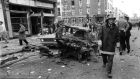 A wrecked car near the explosion in Talbot Street, Dublin, in May 1974, a bombing in which Robin “the Jackal” Jackson is believed to have been involved. Photograph: Keystone/Hulton|Archive