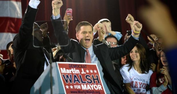 Marty Walsh at his election-night rally following his victory in Boston. Photograph: Gretchen Ertl/The New York Times