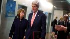 US secretary of state John Kerry with EU foreign policy chief Catherine Ashton before their meeting with Iranian foreign minister Mohammad Javad Zarif in Geneva this evening. Photograph: Jason Reed/Reuters