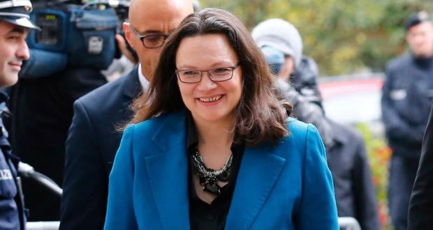 Social Democratic Party general  secretary Andrea Nahles: said her party would “in future rule out no coalitions, except with far-right parties”. Photograph: Tobias Schwarz/Reuters