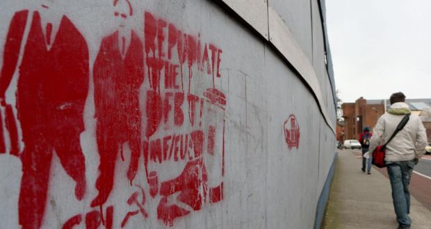 Graffiti on a wall in Dublin’s city centre urging repudiation of the debt. Ireland has ruled out precautionary funding. Photograph: Press Association 