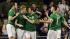  John O’Shea, James McClean, Séamus Coleman  and Robbie Keane celebrate after Keane’s goal for the Republic of Ireland in last night’s friendly international against Latvia at the Aviva Stadium. Photograph:  Alan Betson/The Irish Times 