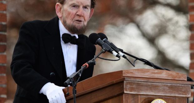 Portraying former US president Abraham Lincoln, James Getty recites the Gettysburg Address during a commemoration of its  150th anniversary at the Soldiers’ National Cemetery in Gettysburg, Pennsylvania yesterday. Photograph: Patrick Smith/Getty Images