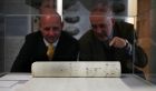 Professor Philip Nolan the NUI Maynooth president and curator Christopher Ridgeway speaking as the Morpeth Roll goes on display to the general public at NUI Maynooth in Co Kildare. Photograph: Niall Carson/PA Wire
