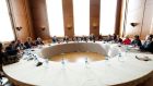 Representatives from the US, United Nations and the League of Arab States for Syria meet on the situatioin in Syria in Geneva, Switzerland today. Photograph: United Nations handout