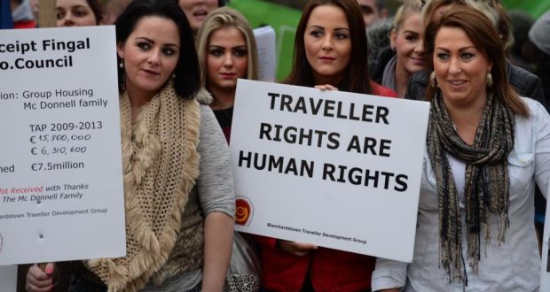 Members of the Travelling community protesting over accommodation at the Fingal County Council offices in Blanchardstown, Dublin. Photograph: Dara Mac Dónaill/The Irish Times
