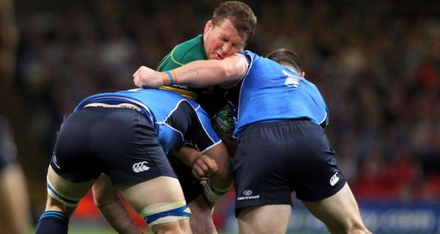 Leinster’s Seán O’Brien and Cian Healy hold up Roger Wilson’s (Northampton) progress in the memorable 2011 Heineken Cup final at the Millennium Stadium in Cardiff. The side’s will face off again when the in-form English side play host on Saturday. Photograph: Ryan Byrne/Inpho