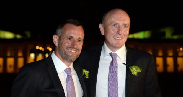  Stephen Dawson (left) and Dennis Liddelow during their marriage ceremony outside Parliament House in Canberra, Australia, last Saturday. The law allowing such unions has been rejected in the Australian High Court. Photograph: Alan Porritt/EPA 