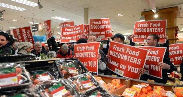 Members ofthe IFA protest over supermarket pricing in Dunnes Stores, St Stephen’s Green, Dublin.  Photograph: Cyril Byrne/The Irish Times