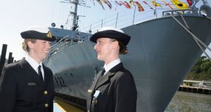 Lt Cdr Marie Gleeson and captain Lt Cdr Erika Downing at the Navy?s first handover of command from one female captain to another on the LE Aoife in July. Photograph: Irish Defence Forces/Flickr
