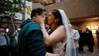 Jax Collins and Heather Collins share a kiss after getting married at the Salt Lake County Government Building in Salt Lake City, Utah, last month. The US Supreme Court put a halt to same-sex marriages in Utah last Monday. Photograph: Jim Urquhart/Reuters