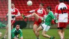 Derry’s Declan Mullan in action against Fermanagh during the clash at Owenbeg. Photograph: Lorcan Doherty/Presseye/Inpho