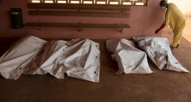 A man inspects the body bags of people who were killed during the latest violence in the capital Bangui. Photograph: Siegfried Modola /Reuters