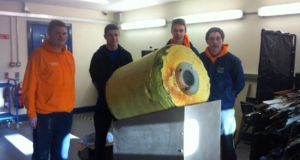 Students from Coláiste Chomáin, Rossport, Co Mayo, working on creating an exhibition around the buoy – left to right are Aaron Flannery, Keith Naughton, Darragh Murphy and James Murray. Photograph: Fergus Sweeney