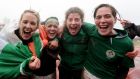 Ireland’s Joy Neville, Lynne Cantwell, Jenny Murphy and Nora Stapleton celebrate the Six Nations grand slam win in Parabiago, Milan, last year. Photograph: Dan Sheridan/Inpho